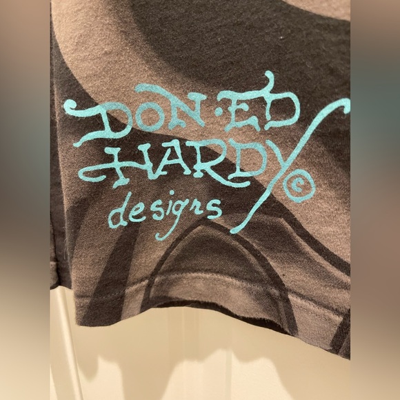 Ed Hardy Shirt Vintage Y2K Size Small Rhinestone Skull Koi Fish Rare Multi Print - Picture 11 of 16